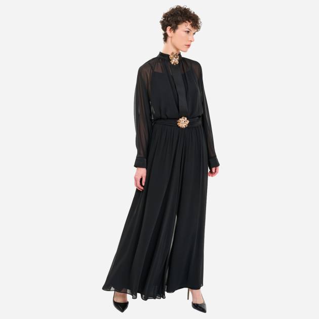 Gold Aksesuar Detaylı, Yarasa Kol Şifon Bluz, Bol Paça Pantolon Takım