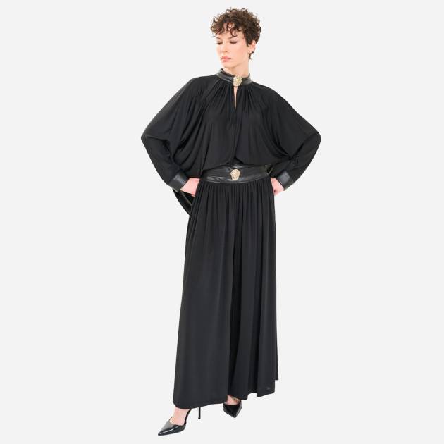 Gold Aksesuarlı, Deri Garnili Pantolon-Bluz Takım