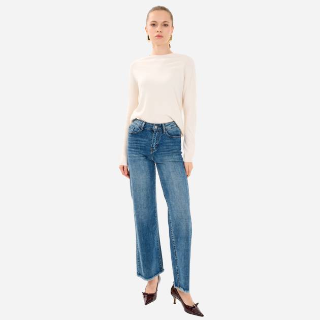 Lycra Wide-Leg Jeans with Fringed Hem