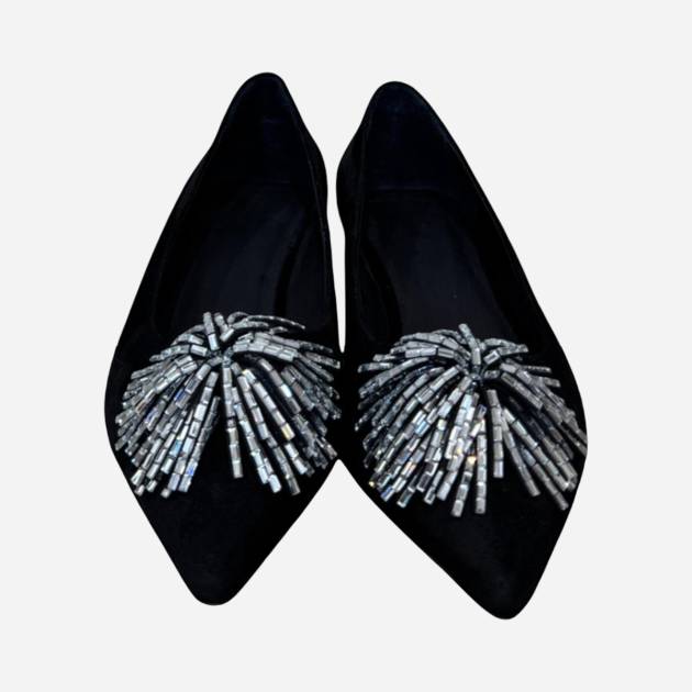 Siyah Taşlı Sivri Burun Süet Babet