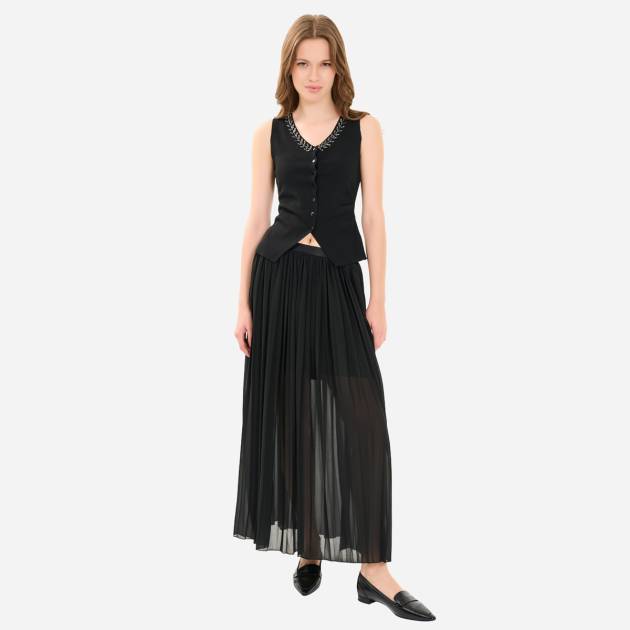 Pleated Black Long Chiffon Skirt